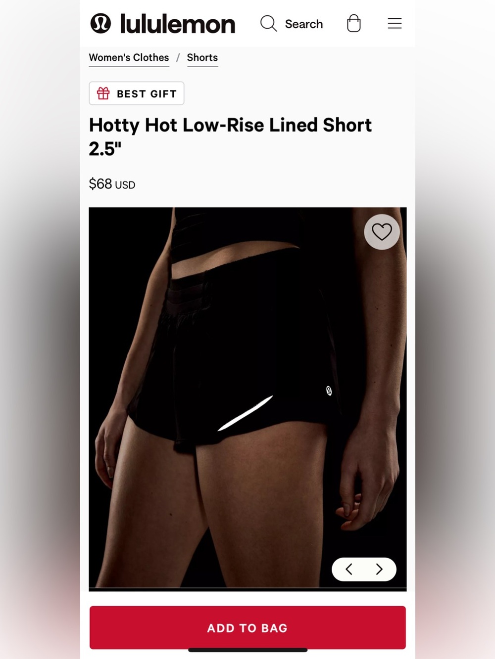 lululemon Hotty Hot Low-Rise Lined Short 2.5” • Black • Size 8